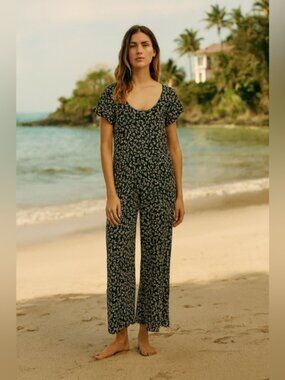 Vintage 90s Express Black White Floral Rayon Wide Leg Jumpsuit Made USA L